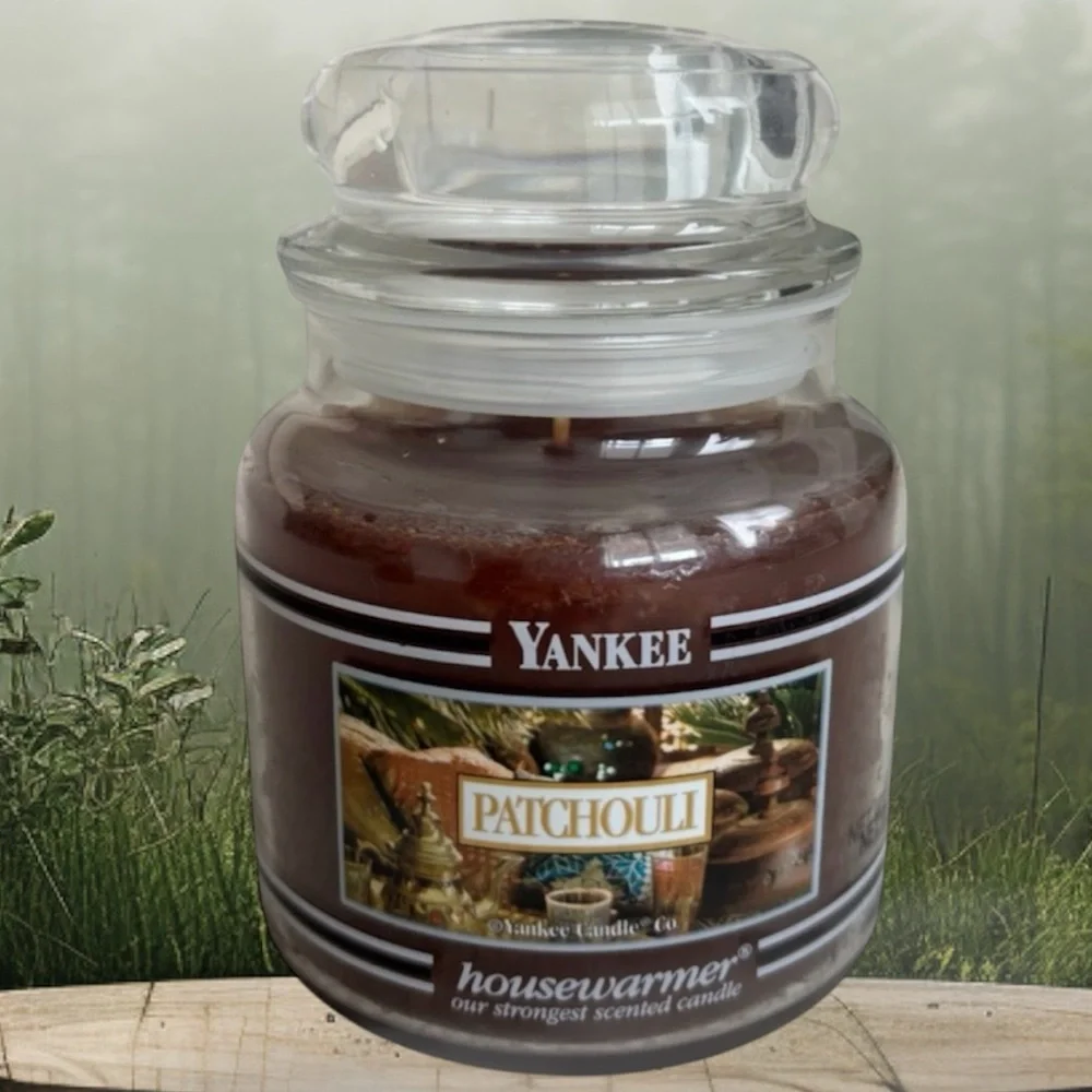 Yankee Candle Jar Patchouli Vintage Black Band Earthy Brown Gray Green 14.5 Oz